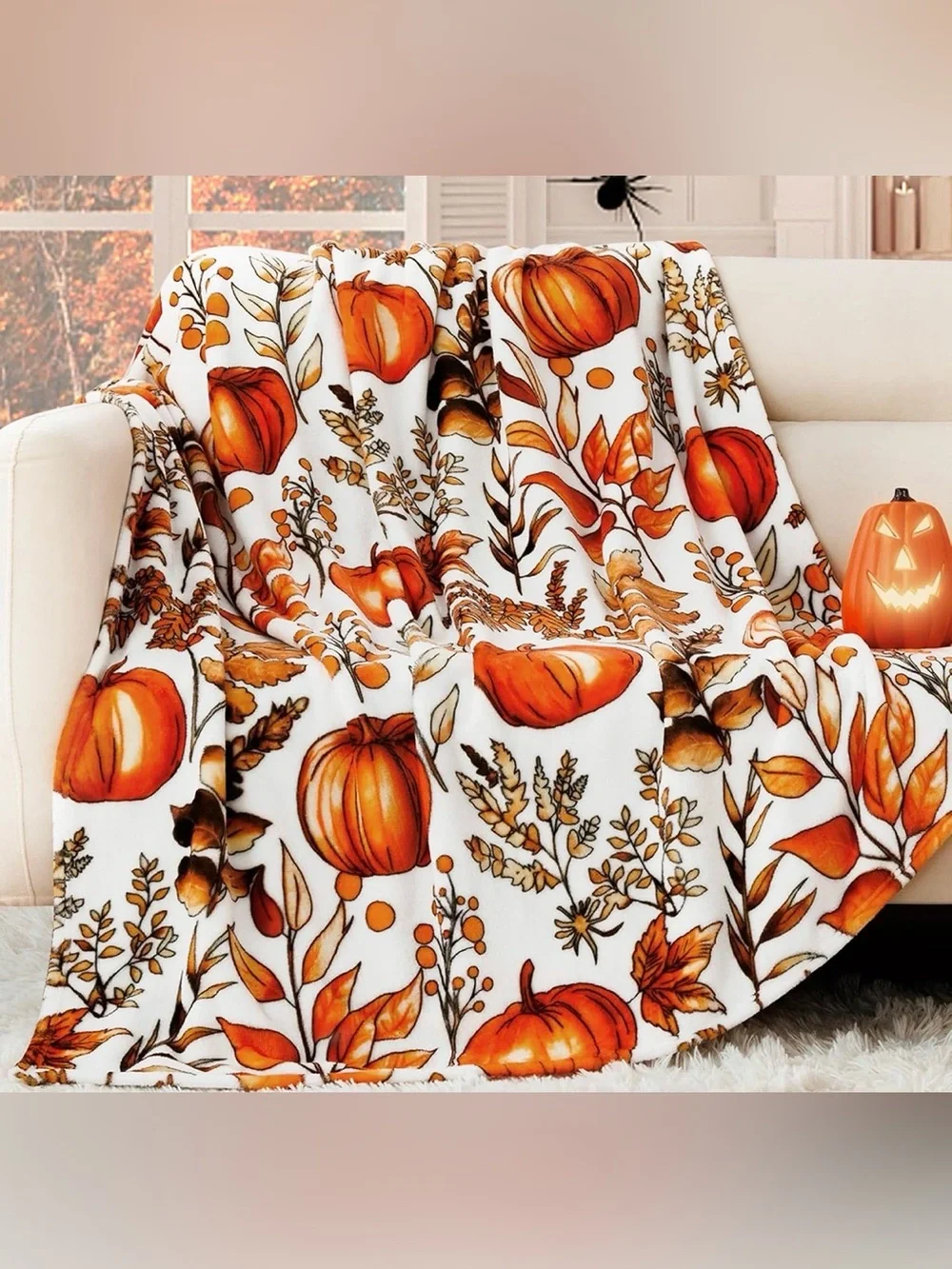 NWT Halloween Throw Blanket Fall Fuzzy Fluffy Cozy Soft Pumpkin Leaves